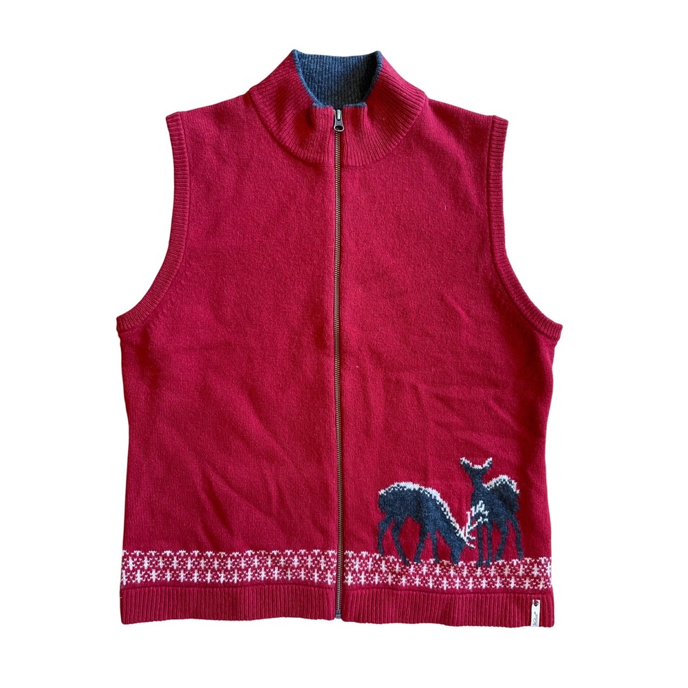 Woolrich Red Lambswool Zip Up Mock Neck Sweater Vest Deer Snowflake Womens Large